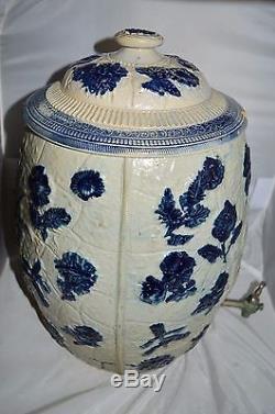 Antique Whites Utica NY Stoneware ICE WATER COOLER Crock Blue Flowers Salt Glaze