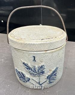 Antique Whites of Utica Stoneware Floral Decorated Handled Crock with Lid
