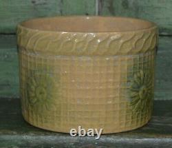 Antique Yellow Ware Butter Crock Daisy and Waffle Pattern Green Glaze