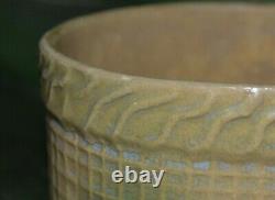 Antique Yellow Ware Butter Crock Daisy and Waffle Pattern Green Glaze
