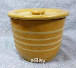 Antique Yellow Ware Yelloware Covered Butter Crock White Stripes