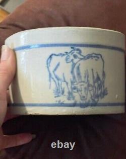 Antique ironstone blue salt glazed handle crock cow design