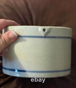 Antique ironstone blue salt glazed handle crock cow design