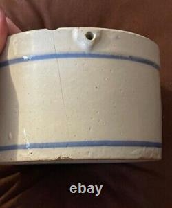 Antique ironstone blue salt glazed handle crock cow design