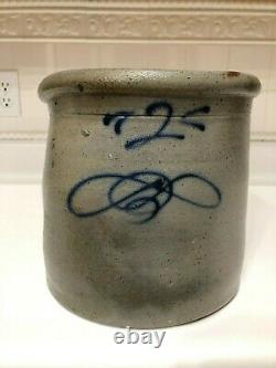 Antique salt glaze stoneware crock, cobalt blue marked #2, Great condition