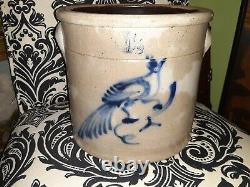 Antique salt glazed Stoneware Crock Bluebird on branch Decorated Fort Edward NY