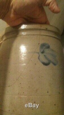 Antique signed stoneware crock blue grey floral feather