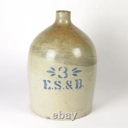 Antique stoneware jug ES&B 3 g crock blue cobalt stenciled decorated