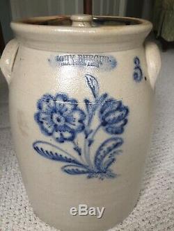 Antiques Mid-1800 Saltglaze Stoneware Floral John Burger 3 Gal. Crock With LID