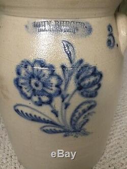 Antiques Mid-1800 Saltglaze Stoneware Floral John Burger 3 Gal. Crock With LID