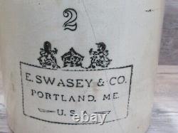 Authentic Antique E. Swasey Co. Portland, Me. USA Brown/white Crock Jug # 2