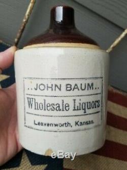 Awesome Quart JOHN BAUM Leavenworth Kansas KS Stoneware Advertising Crock Jug QT