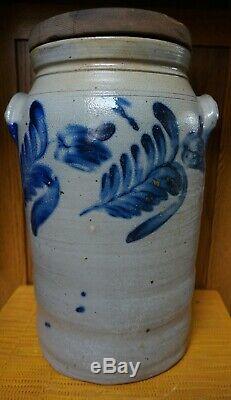 BUTTER CHURN 4 Gal. CROCK w- WOODEN LID Blue Decorated Stoneware Probably PA