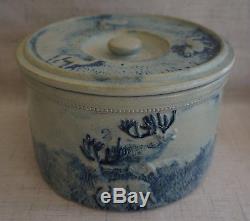 BUTTER CROCK Whites Utica DEERS & HUNTERS Blue Decorated Stoneware