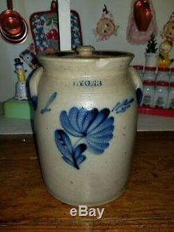 Beautiful Antique Primitive Blue Flower Stoneware LYONS, N. Y. Crock LOOK