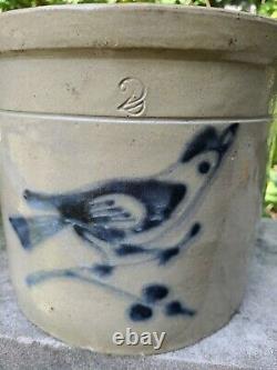 Beautiful Antique primitive Stoneware Cobalt blue Bird Crock 2 gallon