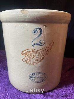 Beautiful &Original 2 Gallon Red Wing Union Stoneware Crock With 4 Wing Feather