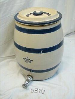 Blue Banded Crown 2 Gallon Water Cooler Stoneware Crock Jar Lid Lemonade