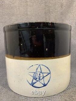 Blue Star Primitive Two-Tone # 1 1/2 Antique Stoneware Crock With Lid
