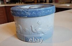 Blue and white stoneware Butter crock-Peacock