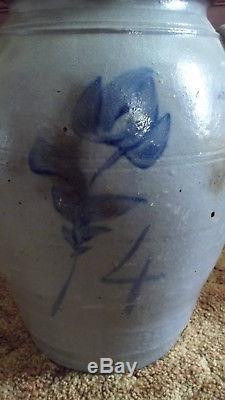 C Antique Stoneware 4 Gallon Salt Glazed Ear Handle Crock Blue Decorated Tulip