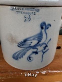Cobalt Blue Decorated Bird Stoneware Crock Ja Cw Underwood Fort Ed. Ny