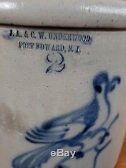 Cobalt Blue Decorated Bird Stoneware Crock Ja Cw Underwood Fort Ed. Ny