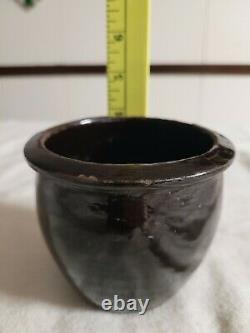 Crock Antique Small Brown Glaze Redware Stoneware 4 Tall Stamped C. LIN R