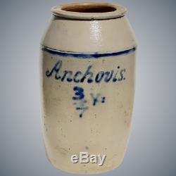Decorated stoneware storage jar crock incised cobalt blue lettering Anchovis
