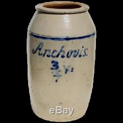 Decorated stoneware storage jar crock incised cobalt blue lettering Anchovis