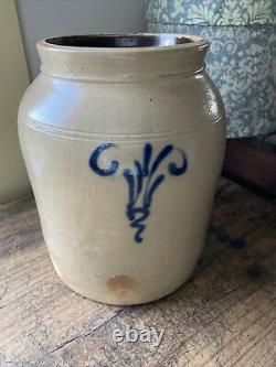 Double Design! Antique 19th C Salt Glazed Stoneware Jar Crock Cobalt Blue Whirl