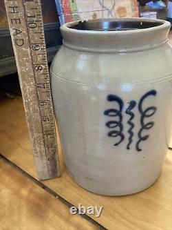 Double Design! Antique 19th C Salt Glazed Stoneware Jar Crock Cobalt Blue Whirl