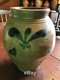 EARLY STONEWARE CROLIUS/REMMEY OYSTER JAR With 3 COBALT DECORATIONS