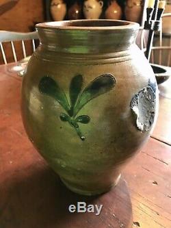 EARLY STONEWARE CROLIUS/REMMEY OYSTER JAR With 3 COBALT DECORATIONS