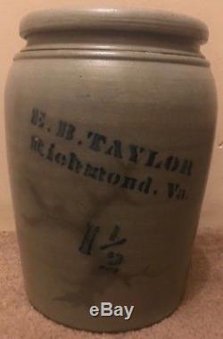 E. B. Taylor Richmond Va- Stoneware Pottery Crock Jug 1/2 gallon