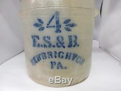 E. S. & B. NEWBRIGHTON, PA. 4 Gallon stoneware crock w cobalt decoration G-126
