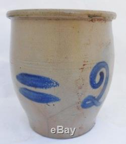 Early American Ovoid Stoneware 2 Gallon Crock with Cobalt Blue Decoration