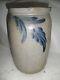 Early Antique Cobalt Blue And Gray Decorated Stoneware Jar 10 Tall