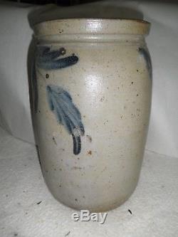 Early Antique Cobalt Blue and Gray Decorated Stoneware Jar 10 Tall
