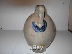 Early Antique Primitive Ovoid Salt Glazed Crock Jug Stoneware With Cobalt Blue