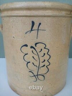 Early Antique Red Wing Cobalt Blue Leaf 4 Gallon Ear Handled Stoneware Crock