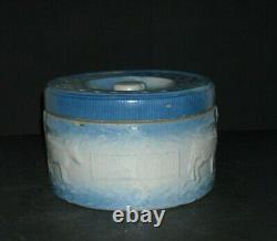 Early Blue & White Stoneware Cows & Fence Butter Crock Salt Glaze