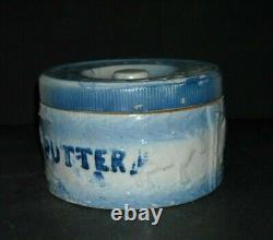 Early Blue & White Stoneware Cows & Fence Butter Crock Salt Glaze Pottery