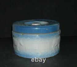 Early Blue & White Stoneware Cows & Fence Butter Crock Salt Glaze Pottery