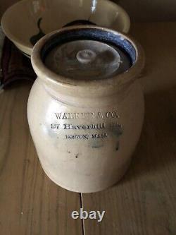 Early Walker & Co. Stoneware COBALT Lidded Crock Haverhill Boston Mass