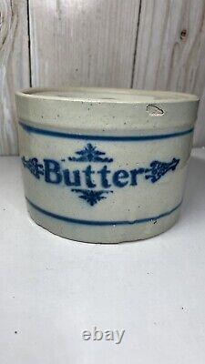 Early stoneware butter crock with lid 6 x 4 blue white 19th original