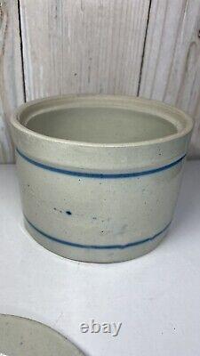 Early stoneware butter crock with lid 6 x 4 blue white 19th original