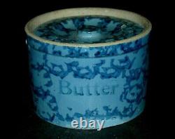 Excellent 2# Blue on Blue Spongeware Butter Crock with Lid Stoneware Salt Glaze