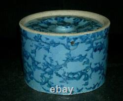 Excellent 2# Blue on Blue Spongeware Butter Crock with Lid Stoneware Salt Glaze