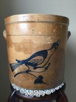 Fabulous 5 Gallon Salt Glaze Stoneware Crock With Cobalt Blue Bird On Twig/leaf